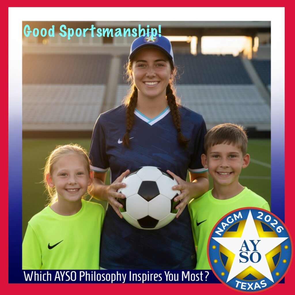 AYSO Soccer conference attendees and children with soccer ball and branded backdrop.