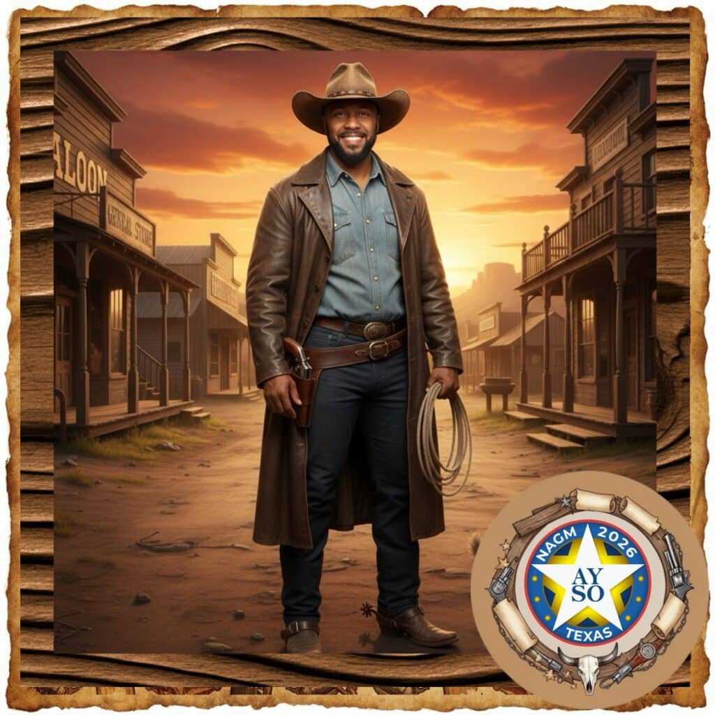 Man in Western attire and AI portrait, AYSO National Conference in Texas.